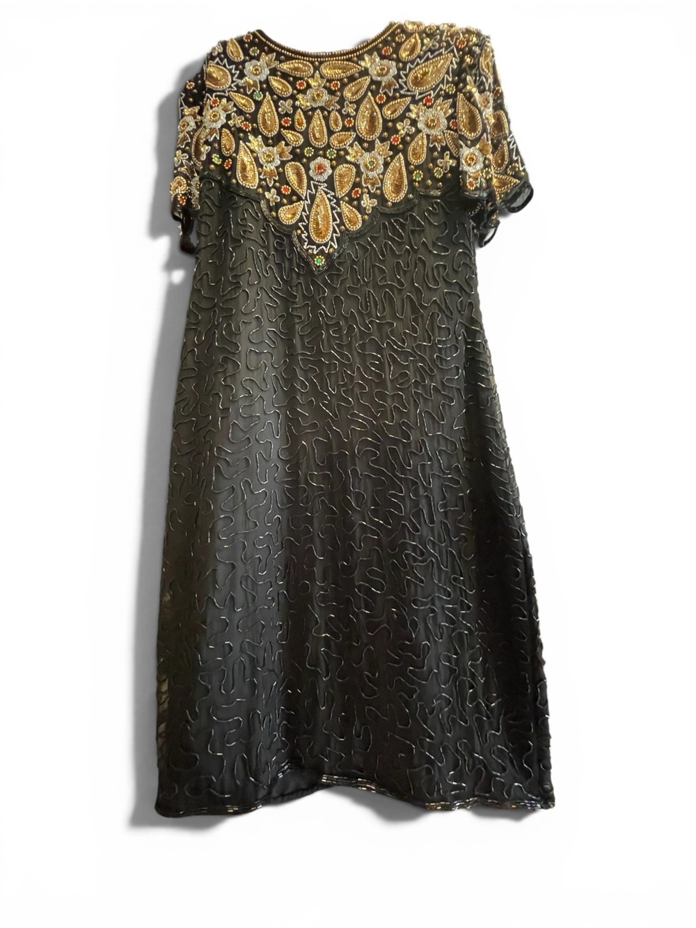 Vintage Laurence Kazar Silk Beaded Dress Black Gold Embellished L - Picture 2 of 10